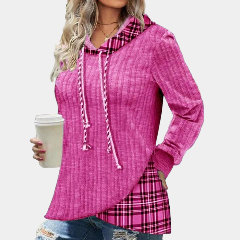 Colorblock-hættetrøje med ternet print til kvinder