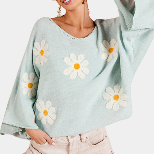 Blomstret sweater med V-halsbroderi