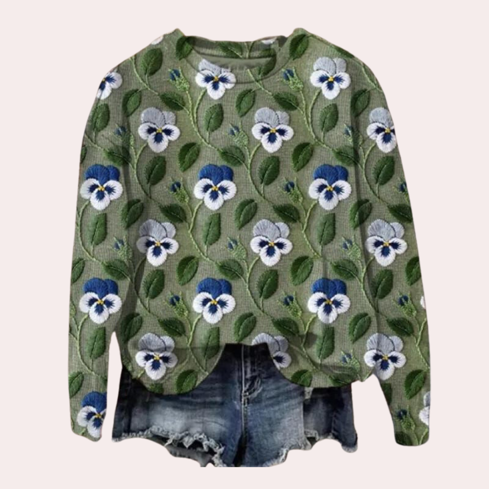 Langærmet striktrøje med blomsterbroderi