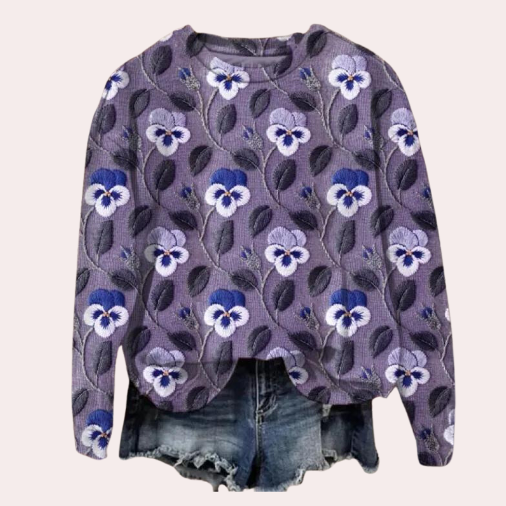 Langærmet striktrøje med blomsterbroderi