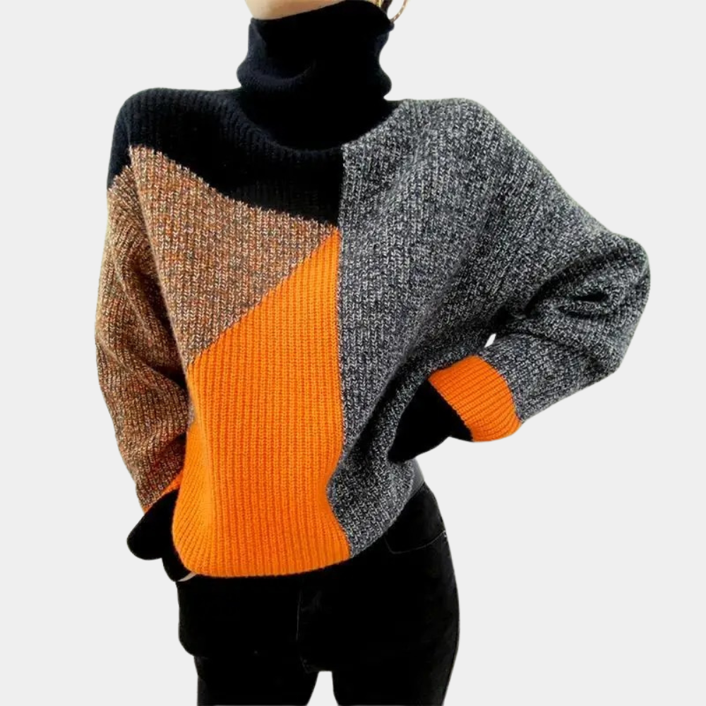 Rullekravesweater i geometriske farver