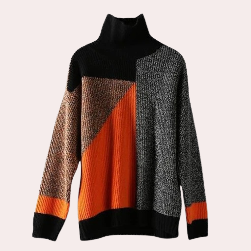 Rullekravesweater i geometriske farver
