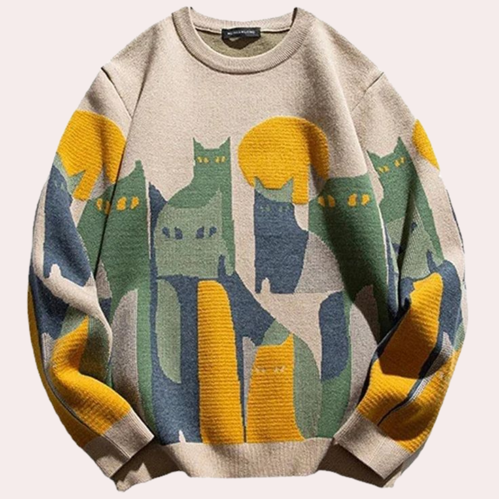 Strikket sweater med katteprint