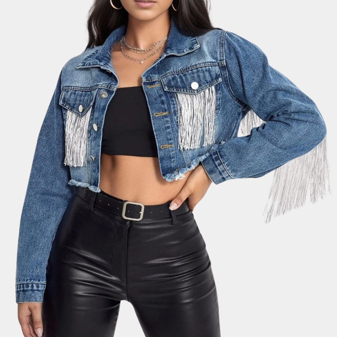 Cropped denimjakke med frynser til kvinder