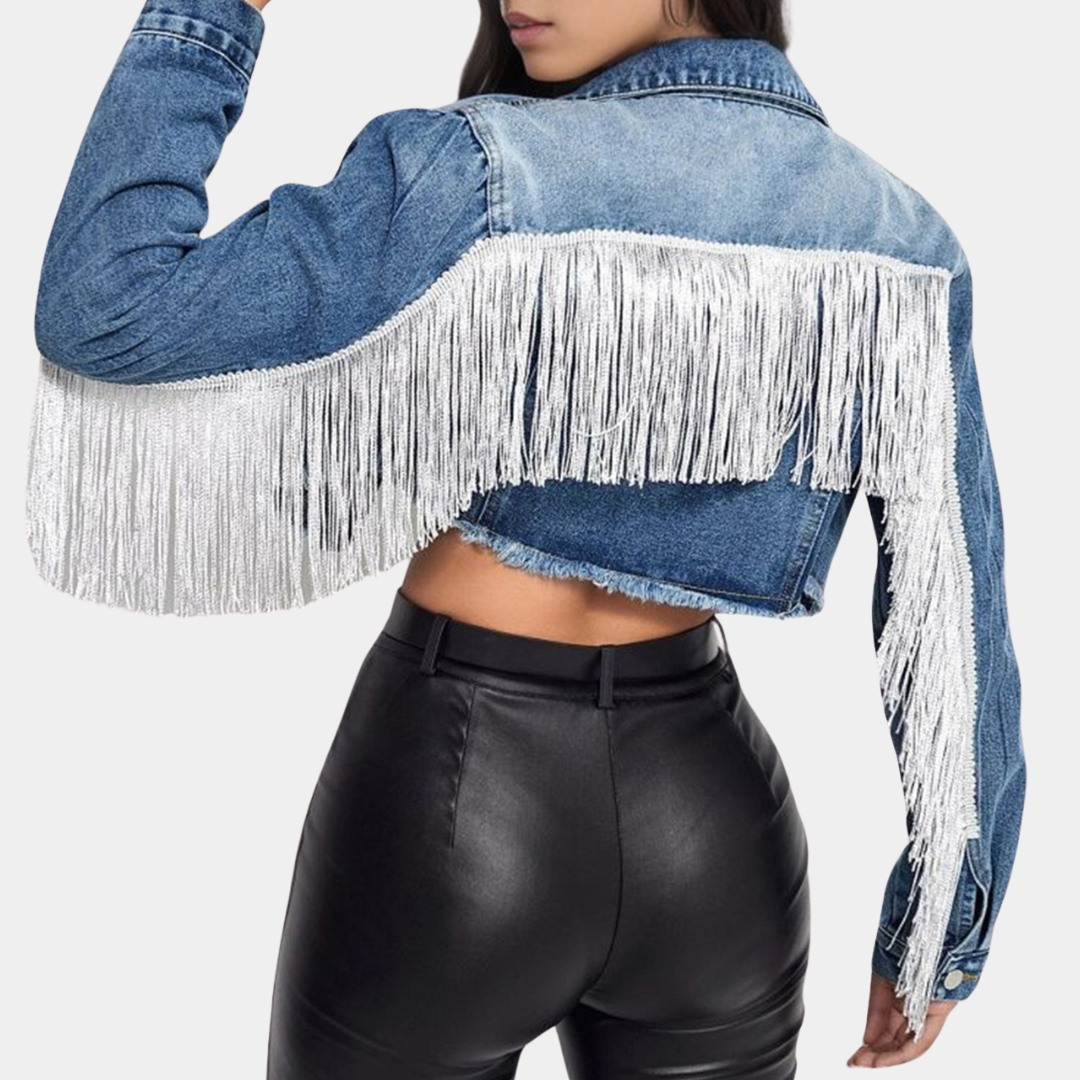 Cropped denimjakke med frynser til kvinder