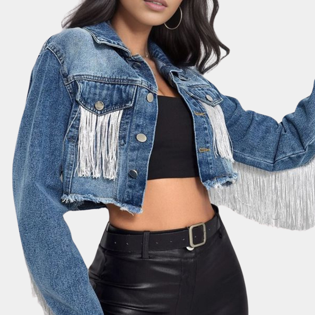 Cropped denimjakke med frynser til kvinder