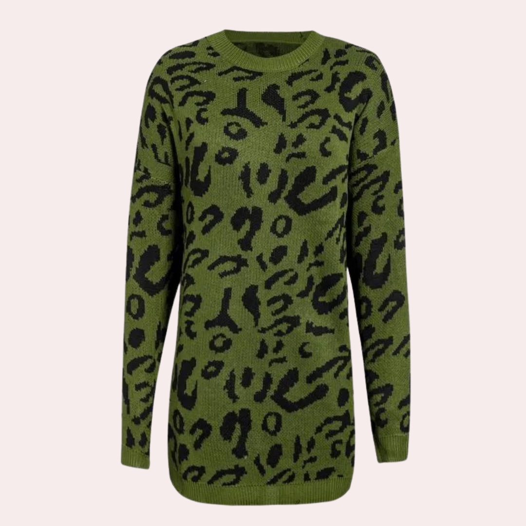 Strikket lang sweater med leopardprint til kvinder