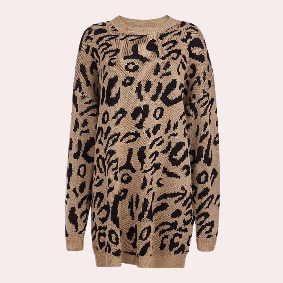 Strikket lang sweater med leopardprint til kvinder