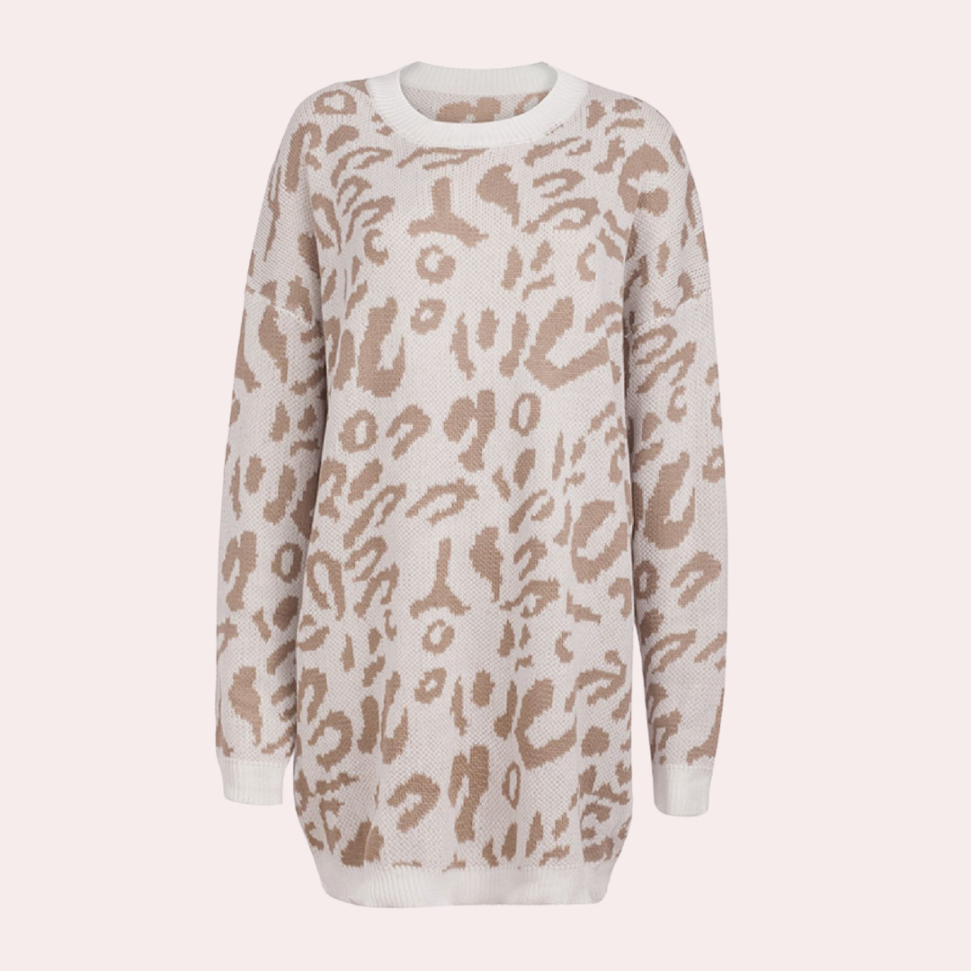 Strikket lang sweater med leopardprint til kvinder