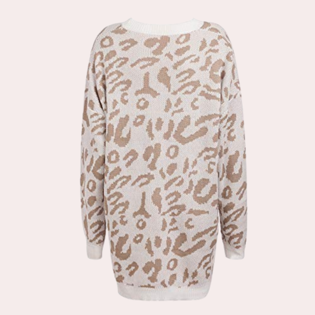 Strikket lang sweater med leopardprint til kvinder