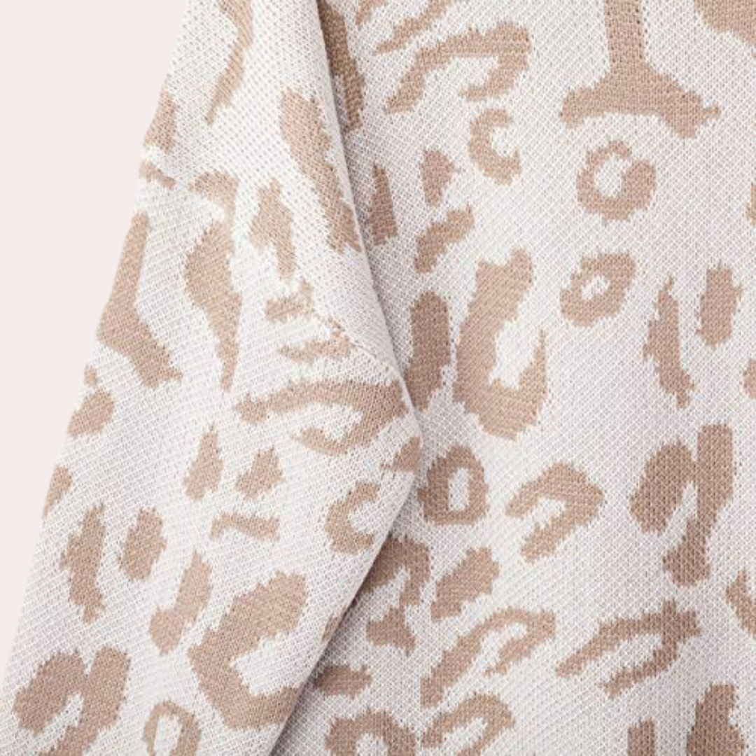 Strikket lang sweater med leopardprint til kvinder