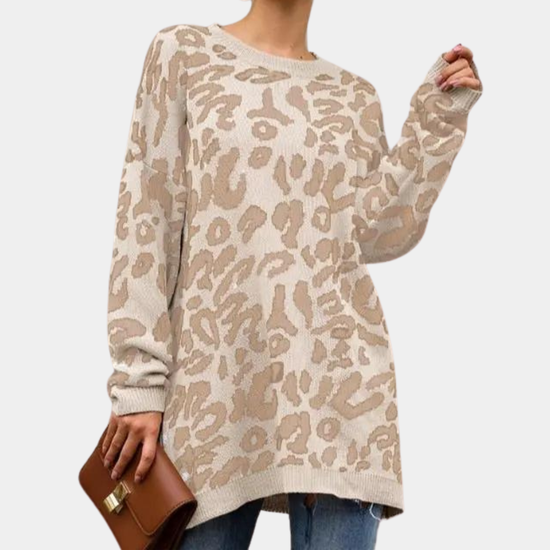 Strikket lang sweater med leopardprint til kvinder