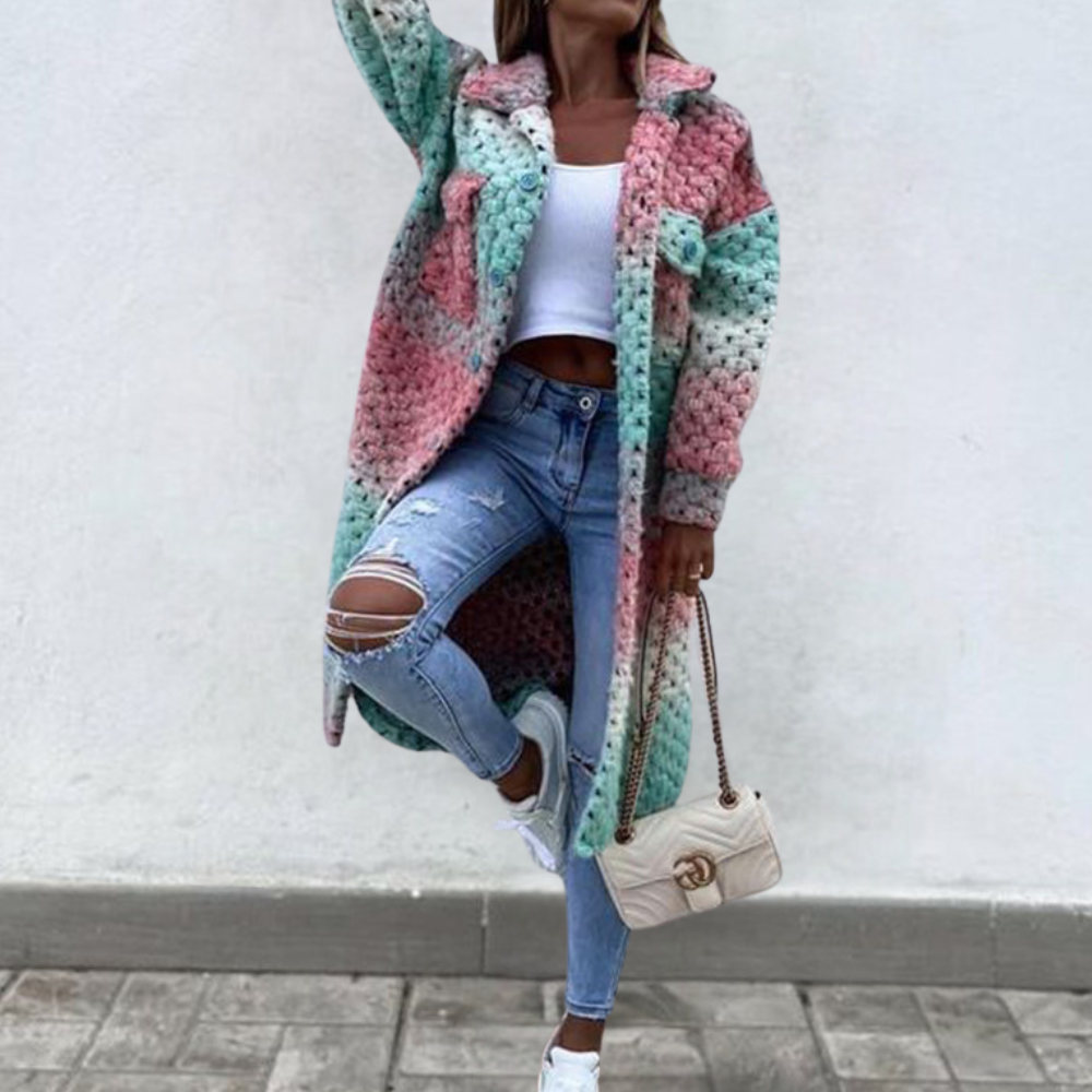 Farverigt print flettet twist lang vinterfrakke