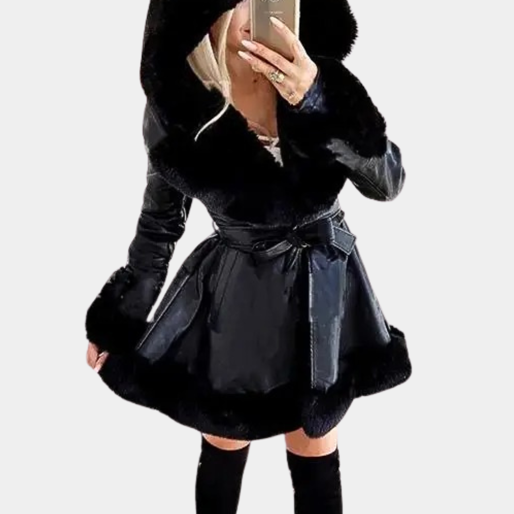 Varm lang jakke med snøre i taljen