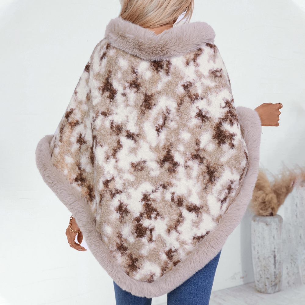 Strikket kappe med uldkrave og leopardprint