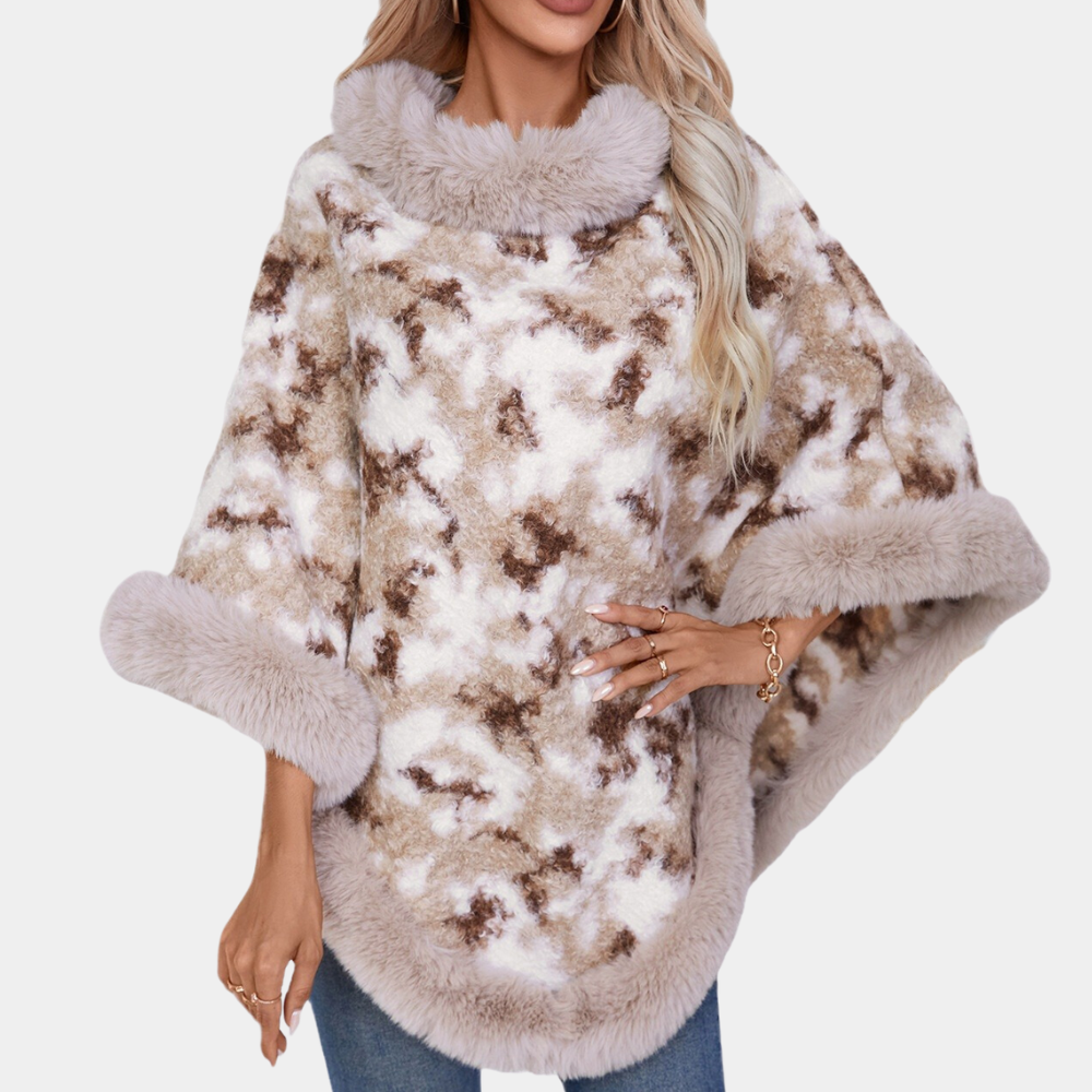 Strikket kappe med uldkrave og leopardprint