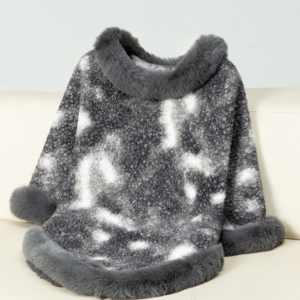 Strikket kappe med uldkrave og leopardprint