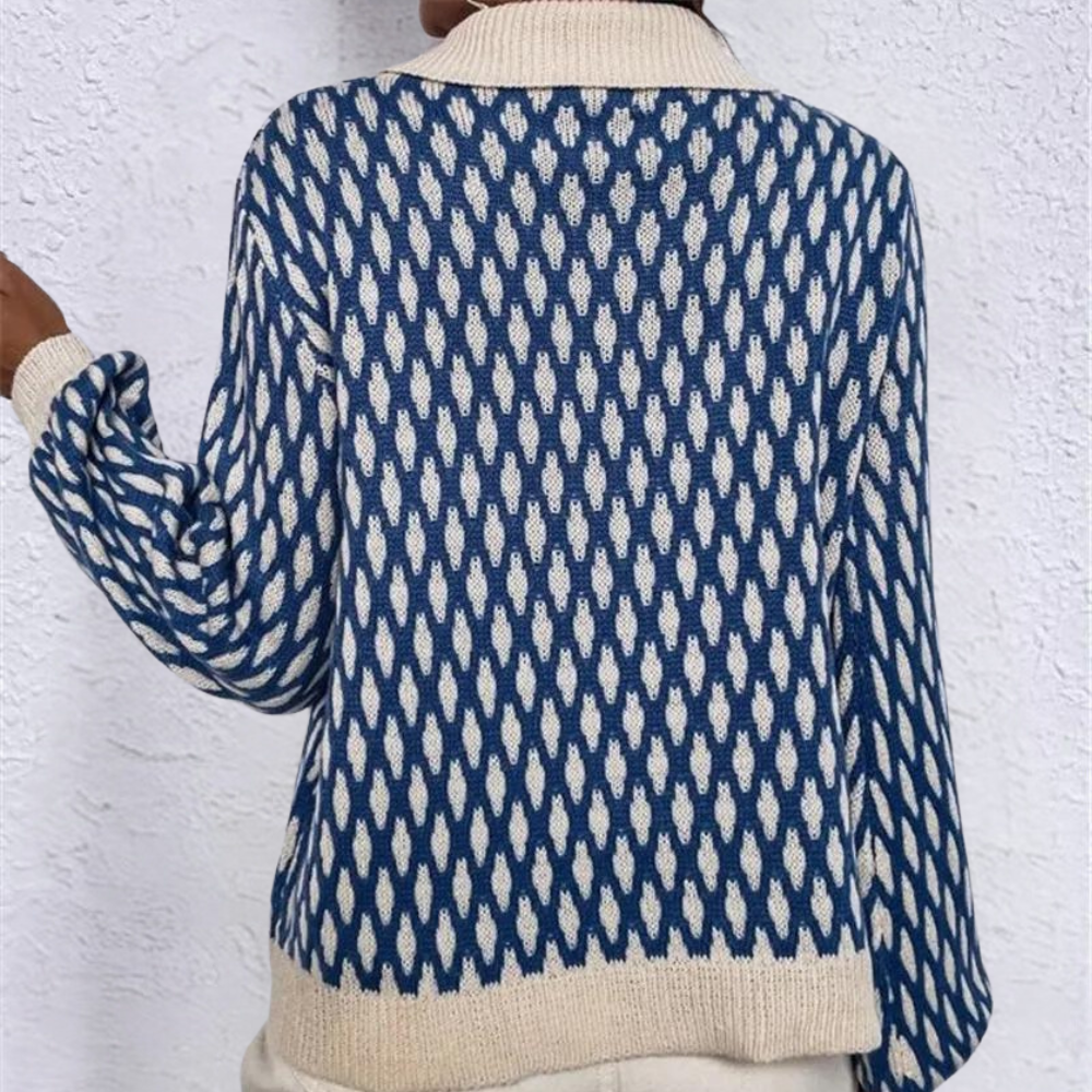 Lanterneærmet Jacquard-farvet sweater med revers