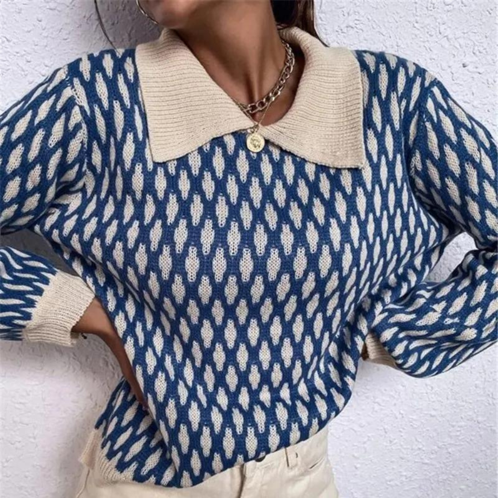 Lanterneærmet Jacquard-farvet sweater med revers