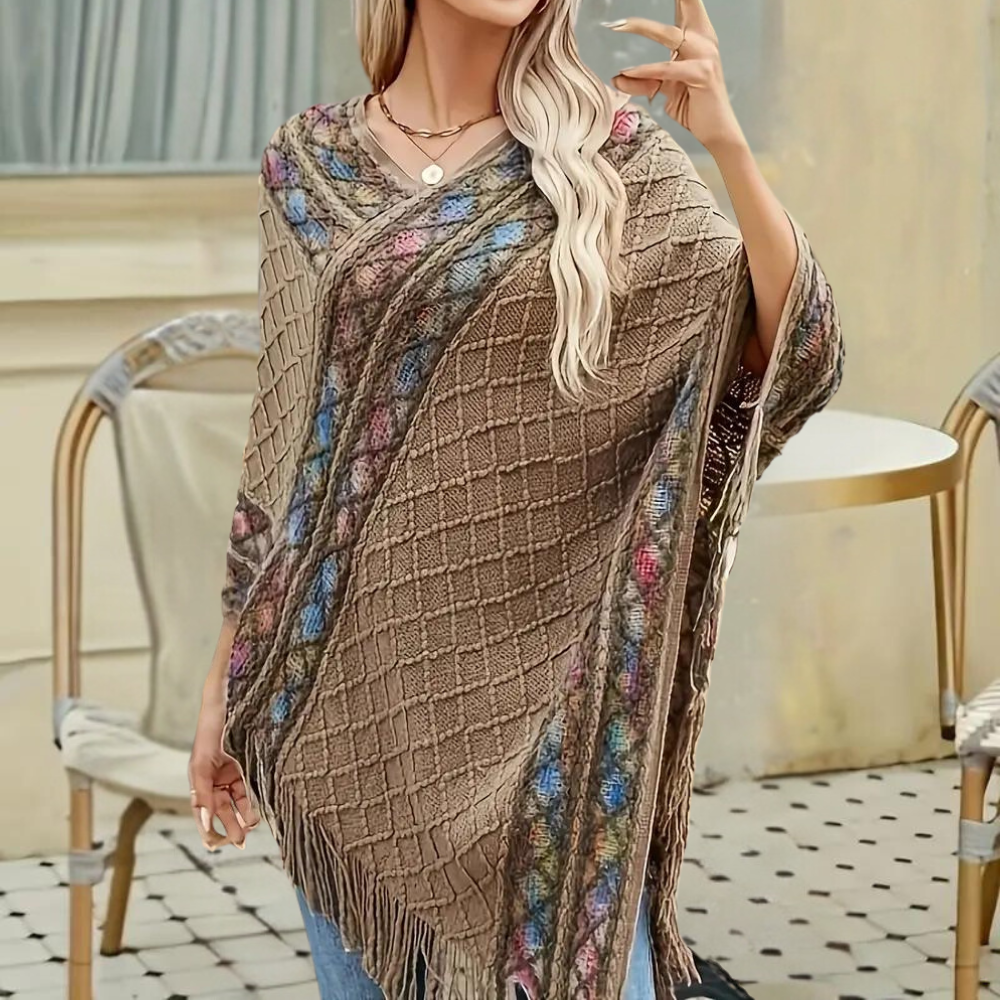 Boho-poncho til kvinder med trendy V-udskæring