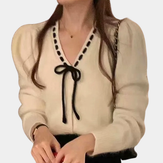 Elegant sweater med V-hals og sløjfe til kvinder