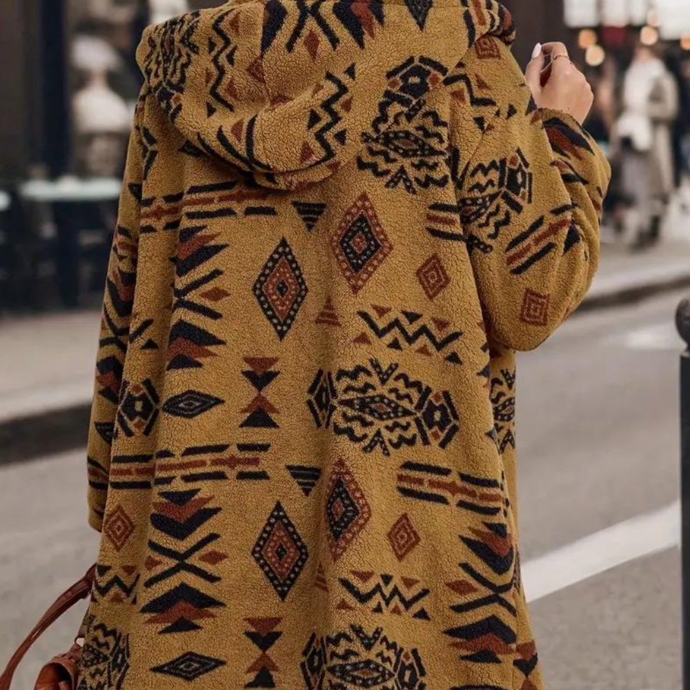 Camel fleecejakke med tribalprint