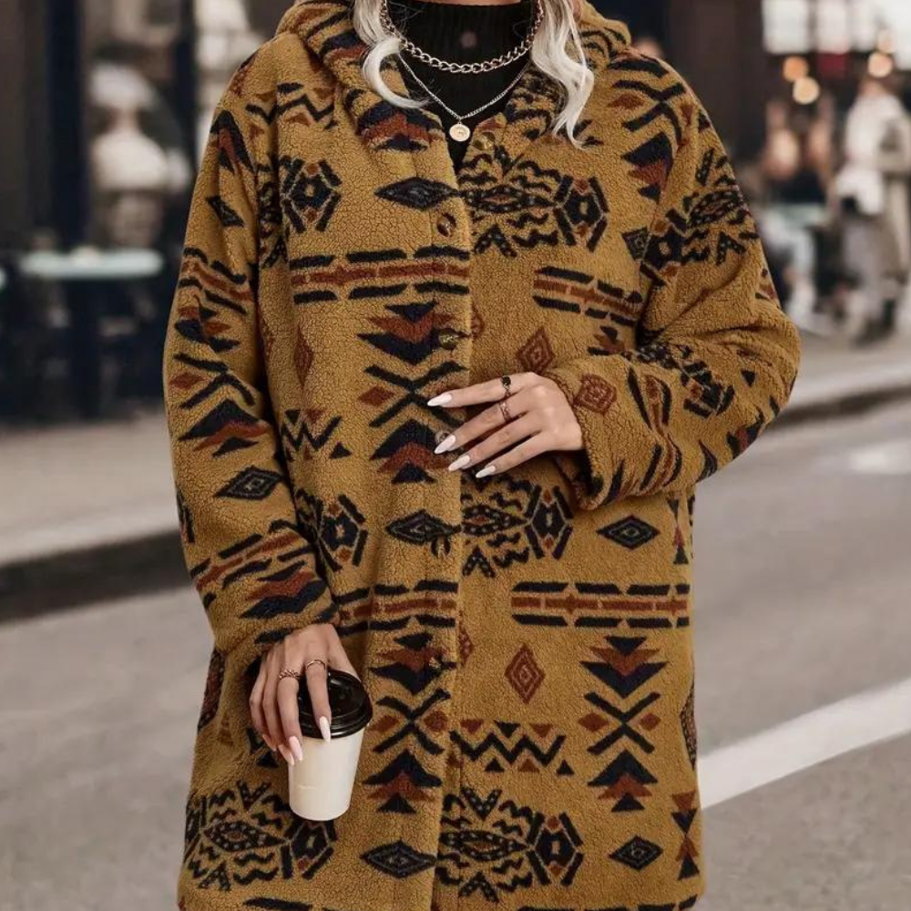 Camel fleecejakke med tribalprint