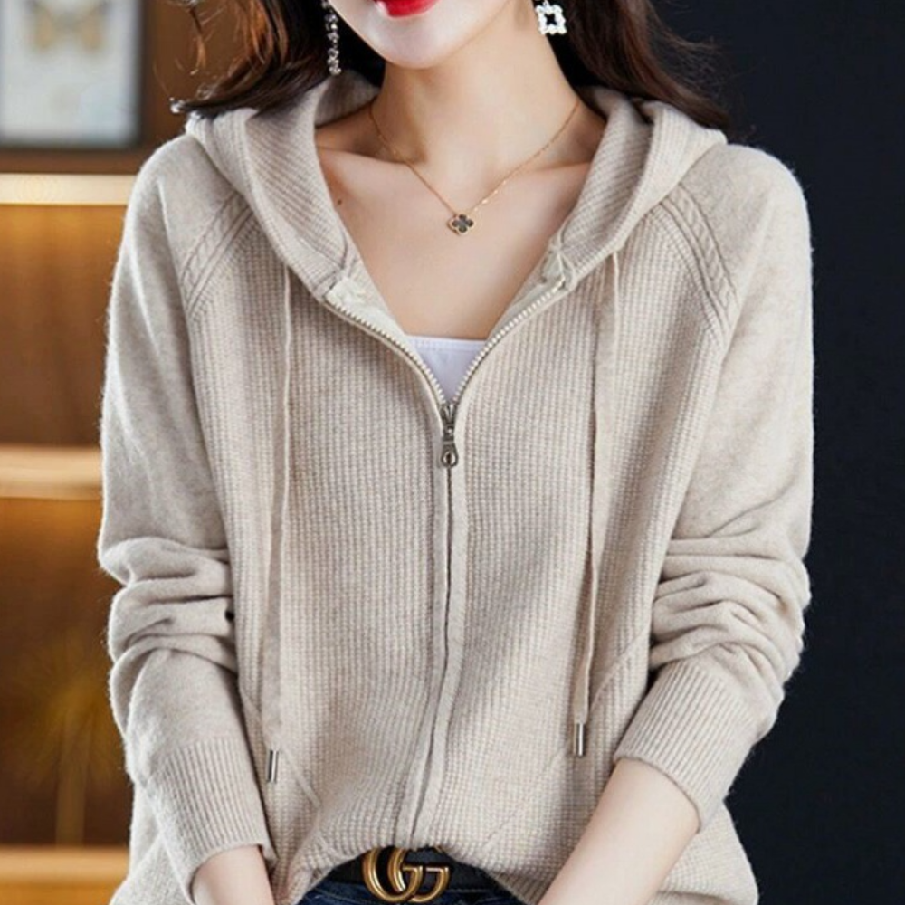 Ensfarvet hættetrøje med lynlås