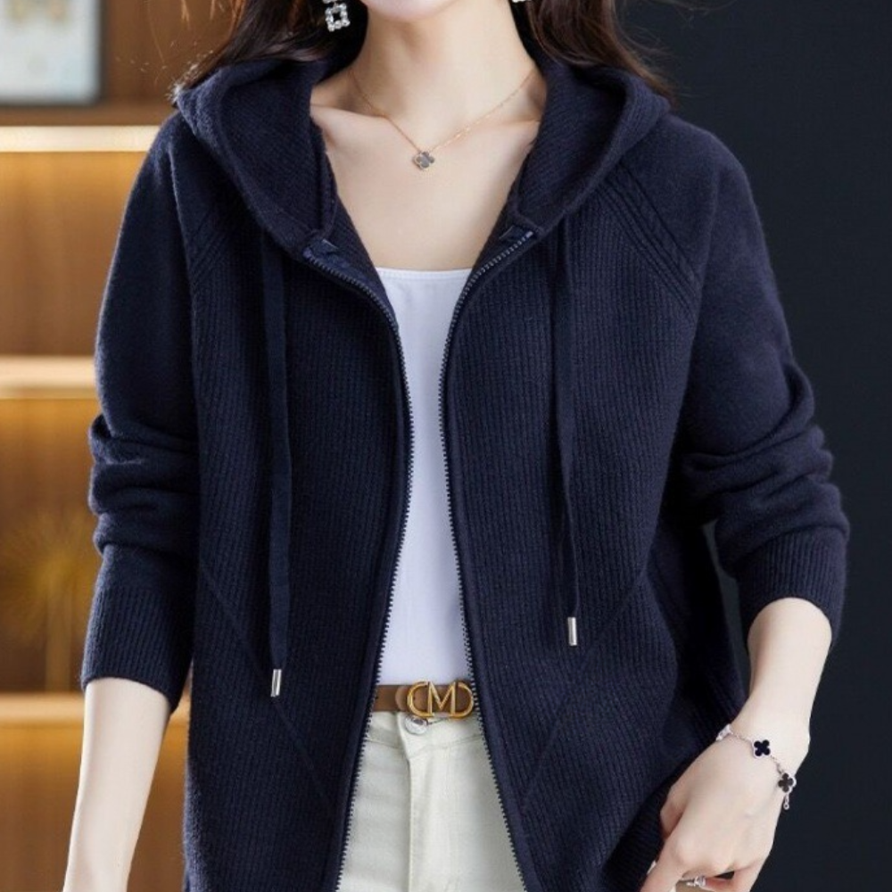 Ensfarvet hættetrøje med lynlås