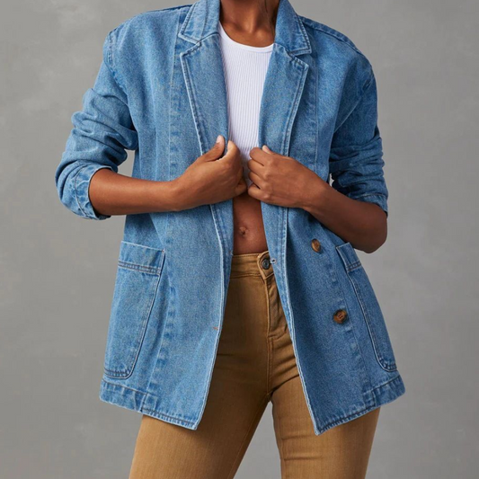 Patchwork denimjakke med jakkesætskrave