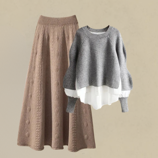 Dette todelte sæt med en strikket trøje og en halvlang nederdel
