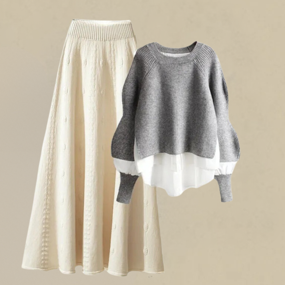 Dette todelte sæt med en strikket trøje og en halvlang nederdel