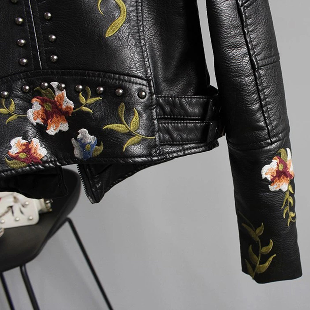 Læderjakke med blomster i punk-stil til kvinder
