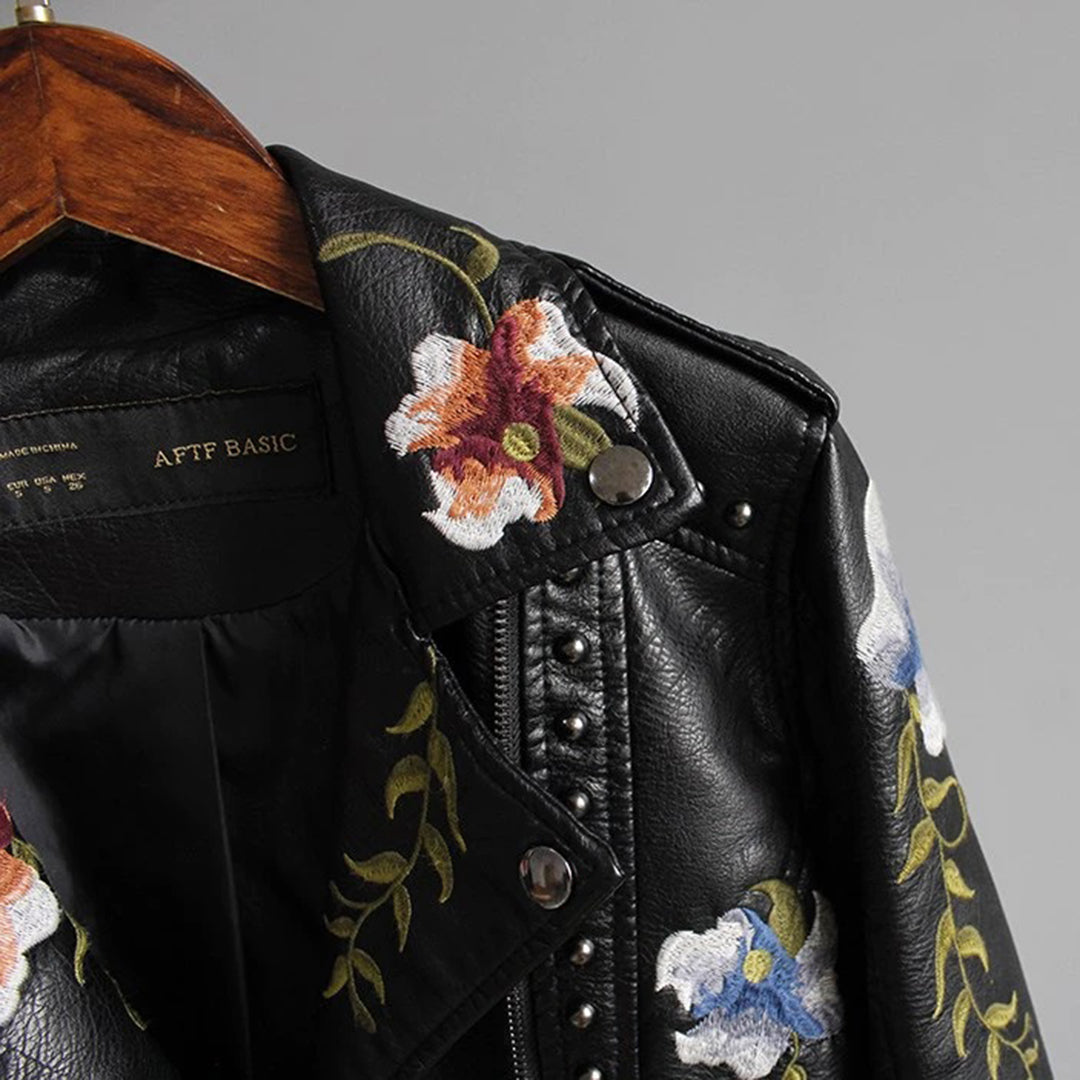 Læderjakke med blomster i punk-stil til kvinder