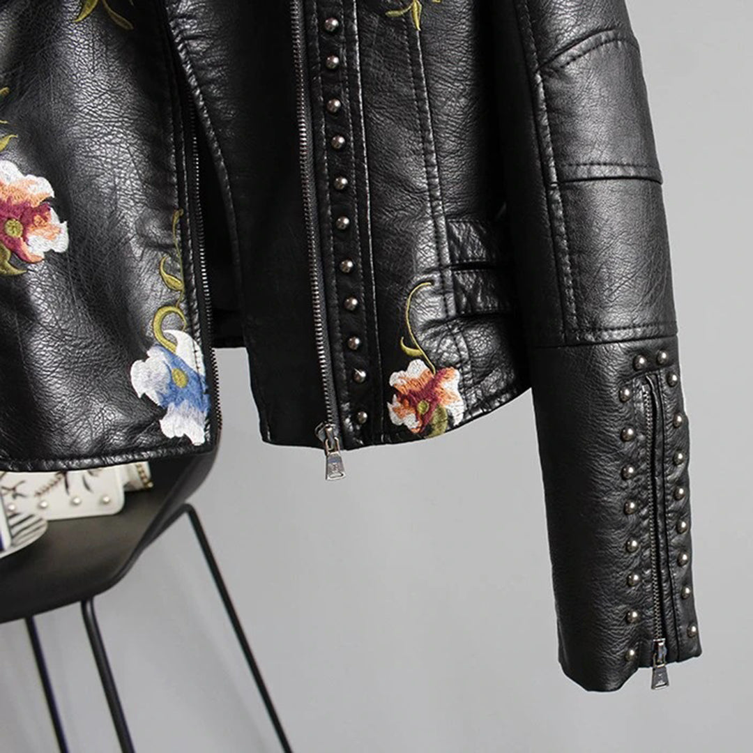 Læderjakke med blomster i punk-stil til kvinder