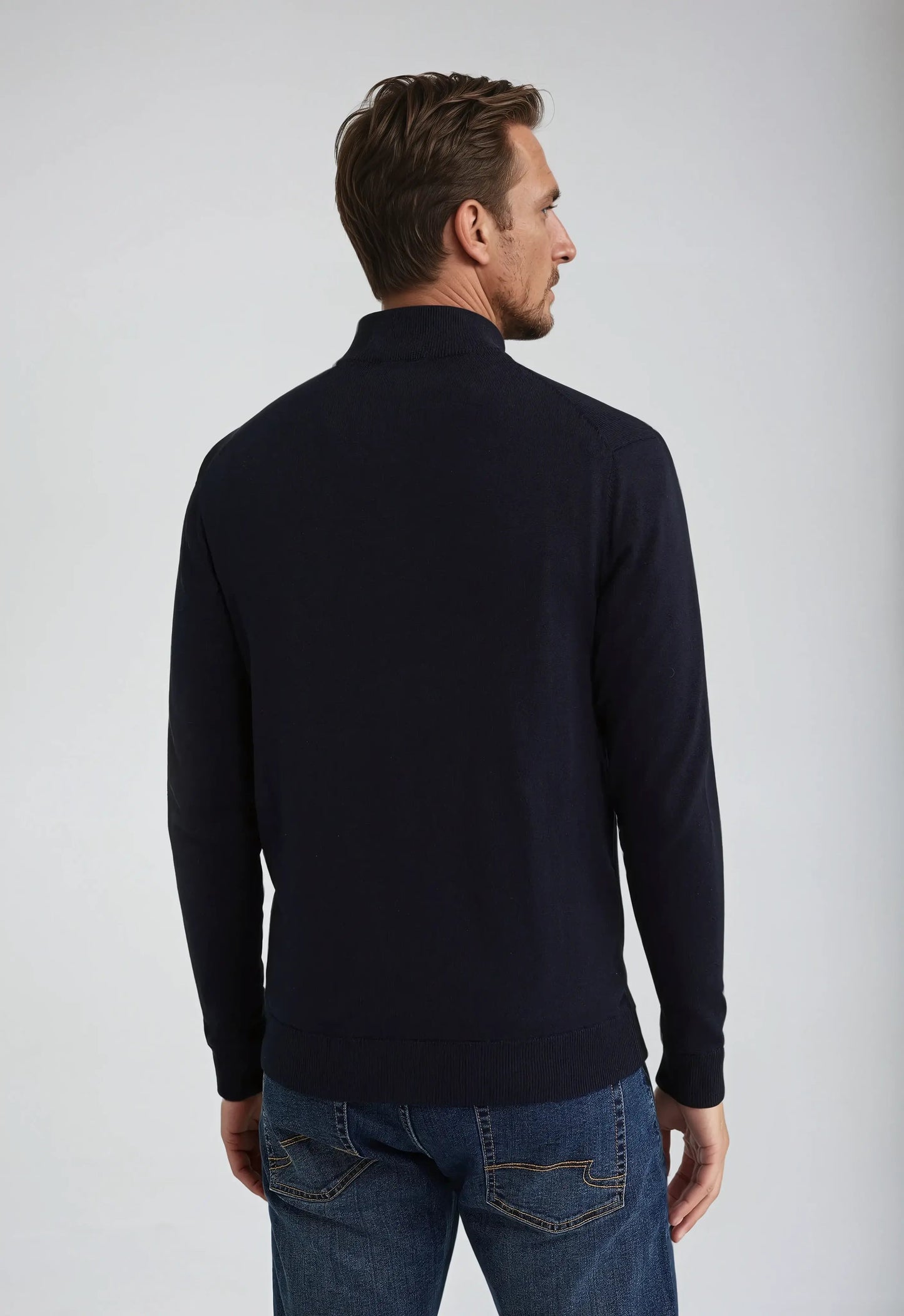 Marineblå herre-sweater med fuld lynlås