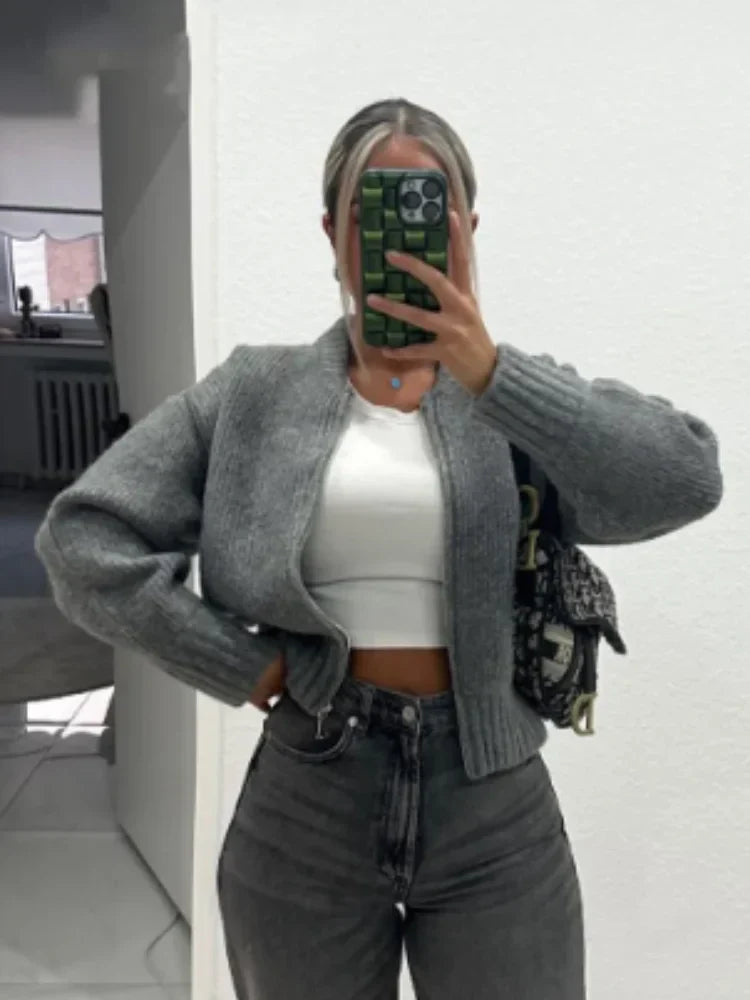 Strikket sweaterjakke med O-hals til kvinder Fashion
