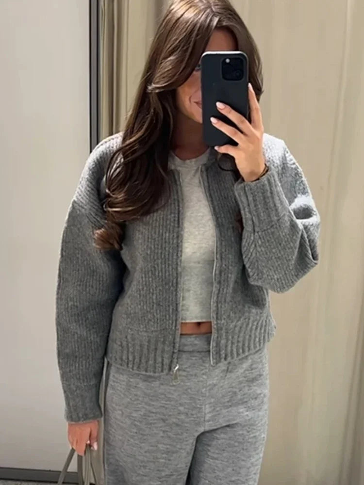 Strikket sweaterjakke med O-hals til kvinder Fashion