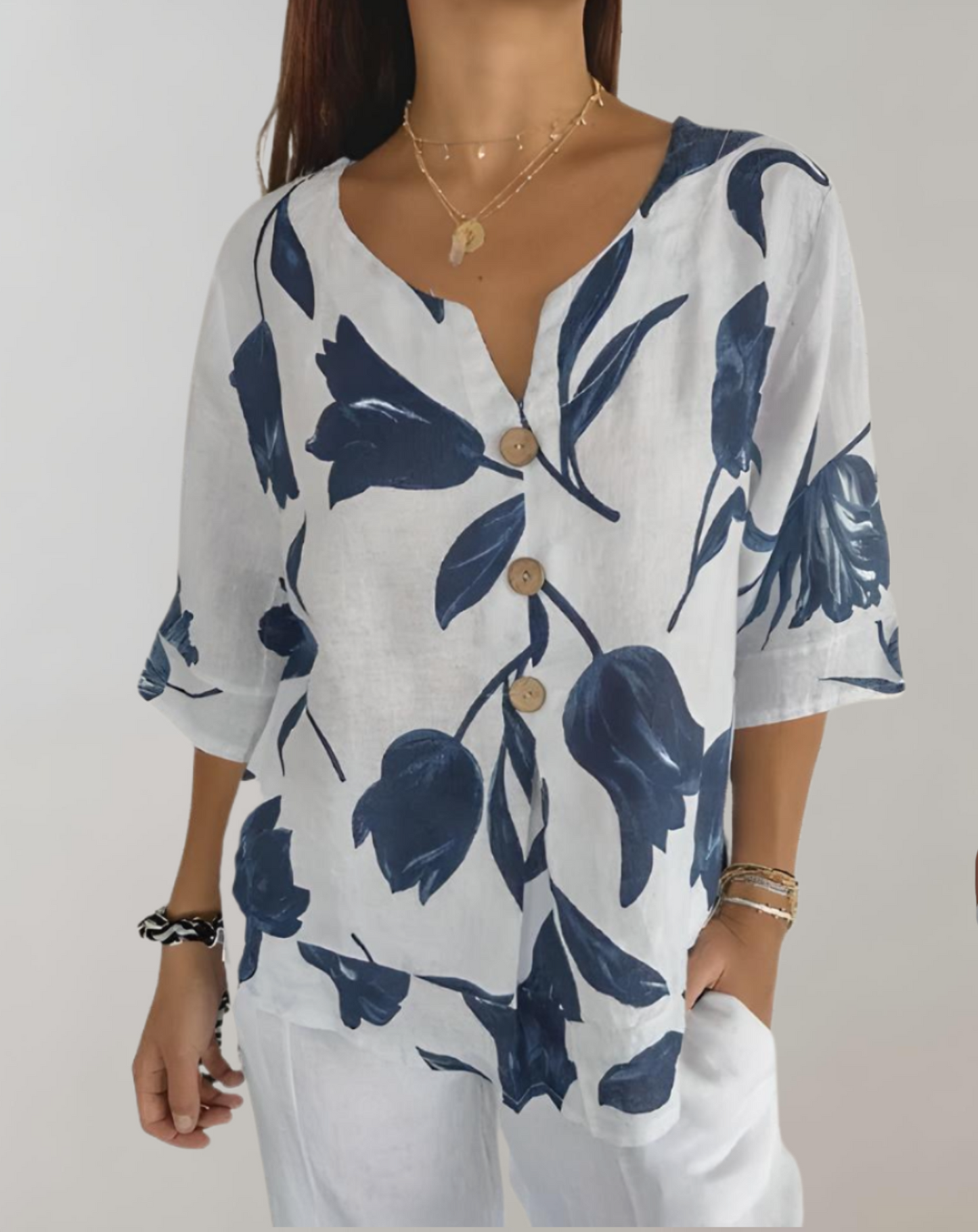 Bluse med tulipanprint til kvinder
