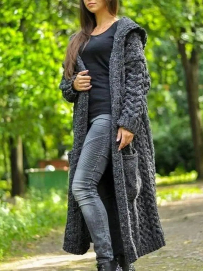 Langærmet fletstrikket lang cardigan
