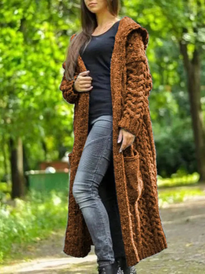 Langærmet fletstrikket lang cardigan