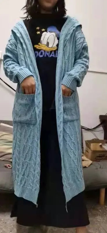 Langærmet fletstrikket lang cardigan