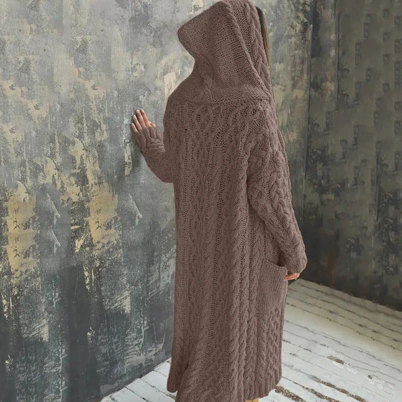 Langærmet fletstrikket lang cardigan