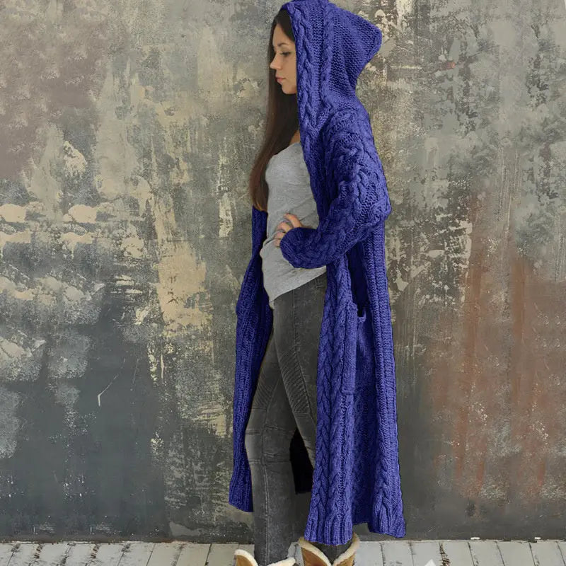 Langærmet fletstrikket lang cardigan