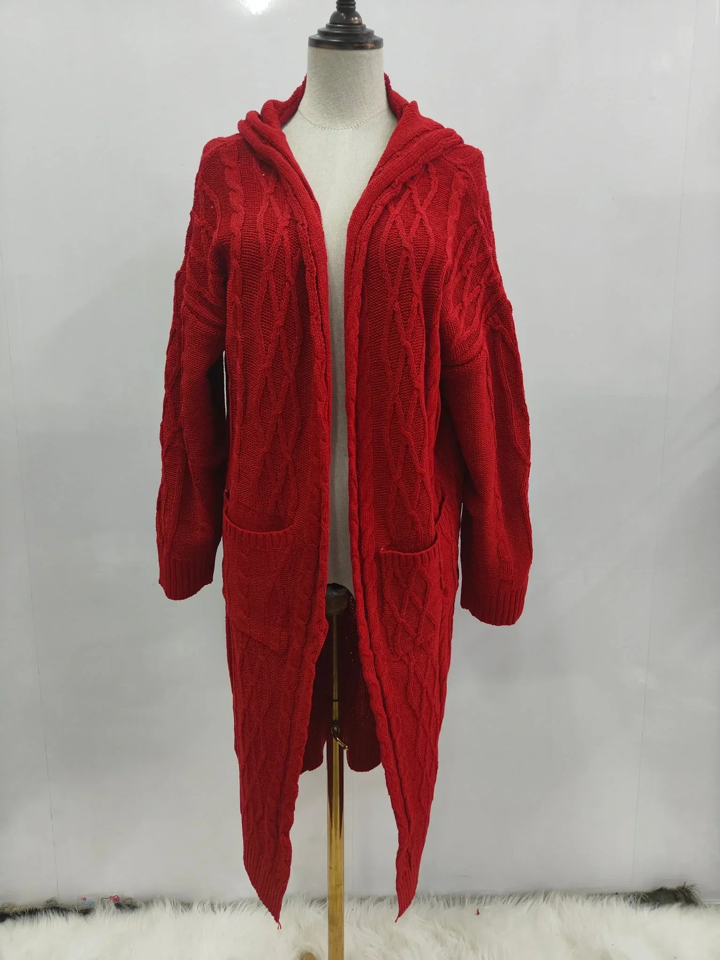 Langærmet fletstrikket lang cardigan