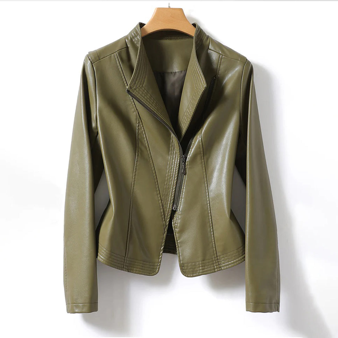 Slim læderblazer med skrå lynlås