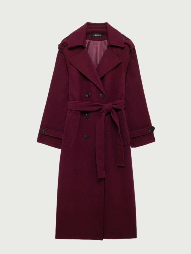 Lang bordeaux trenchcoat med bælte