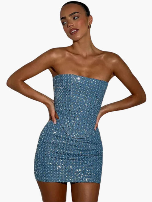 Glitter sæt denim top + nederdel