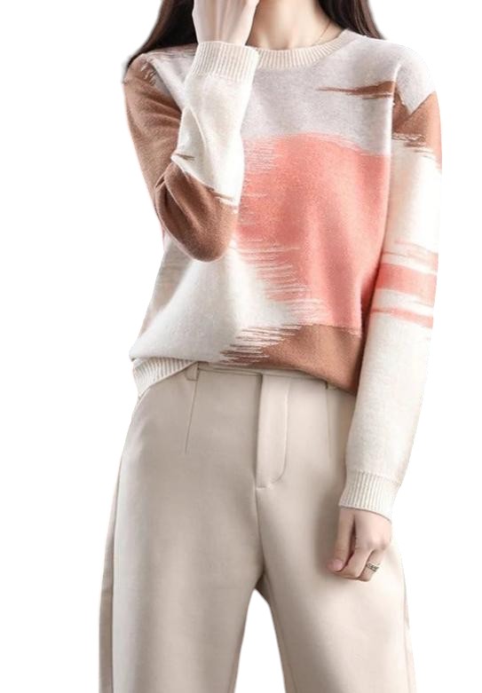 Abstrakt Colorblock-strikket sweater til kvinder