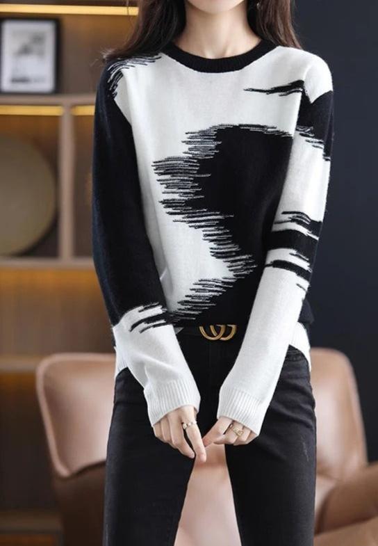 Abstrakt Colorblock-strikket sweater til kvinder